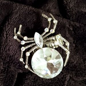 Goth Spider Ring, Vintage Silver Tone With Rhinestones